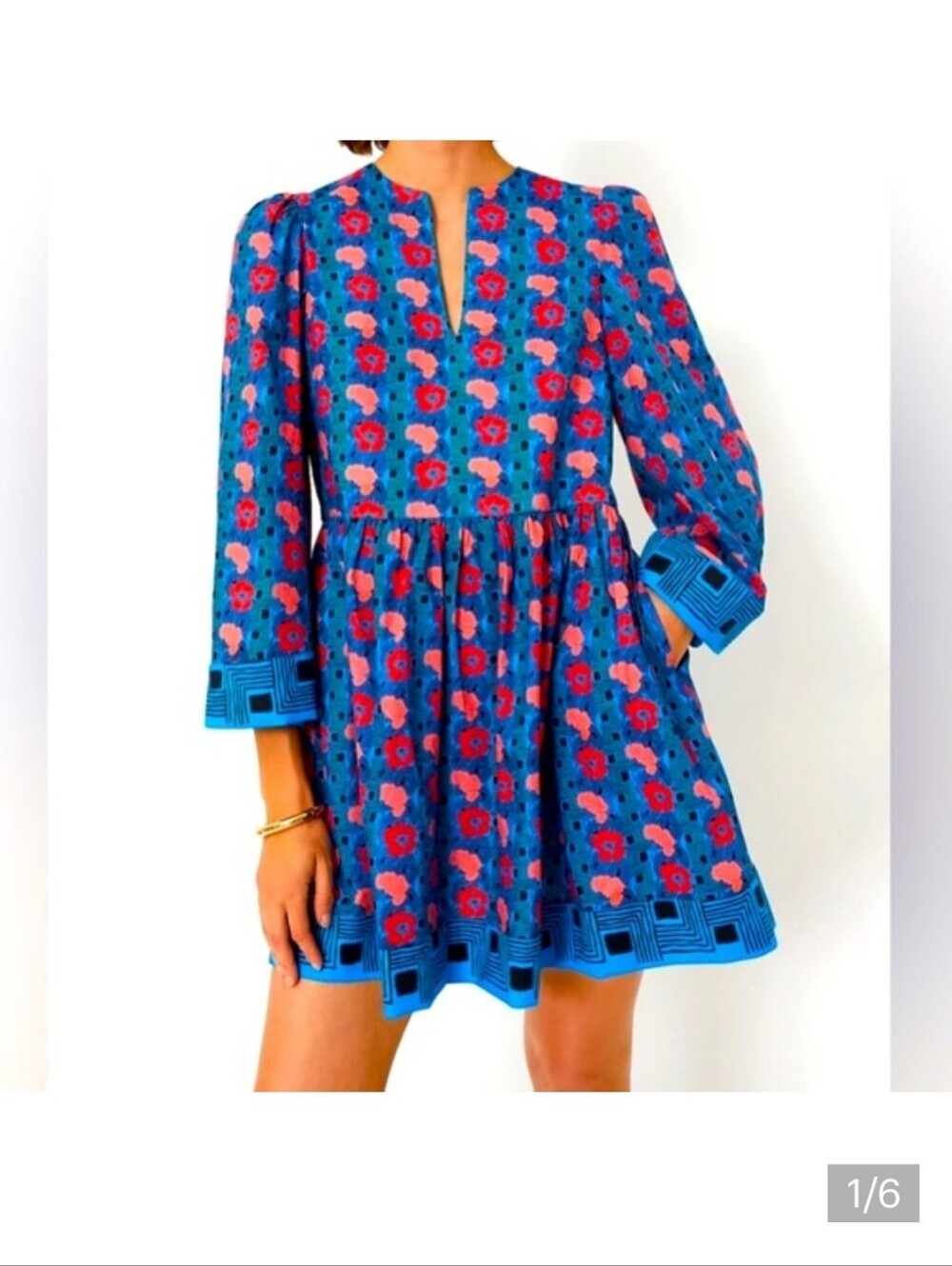 Tuckernuck Blue Floral Geometric Print Long Sleeve Mini Dress Split Neck Women's